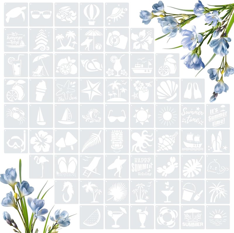 Amrules 65 Pcs Painting Stencils, Hawaii Theme Drawing Templates Set for Crafts, Reusable DIY Art Stencil Sets for Wood, Walls, Cards, Fabrics, Rocks and Home Decoration, 4 x 4 Inch - Image 1